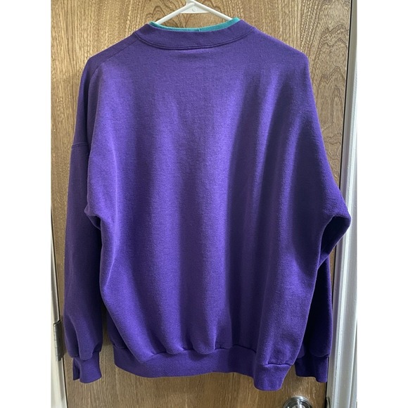 Vintage Banff Canada Vacation Sweater Purple Aqua Green Collar Embroidered Sz L - Picture 12 of 15